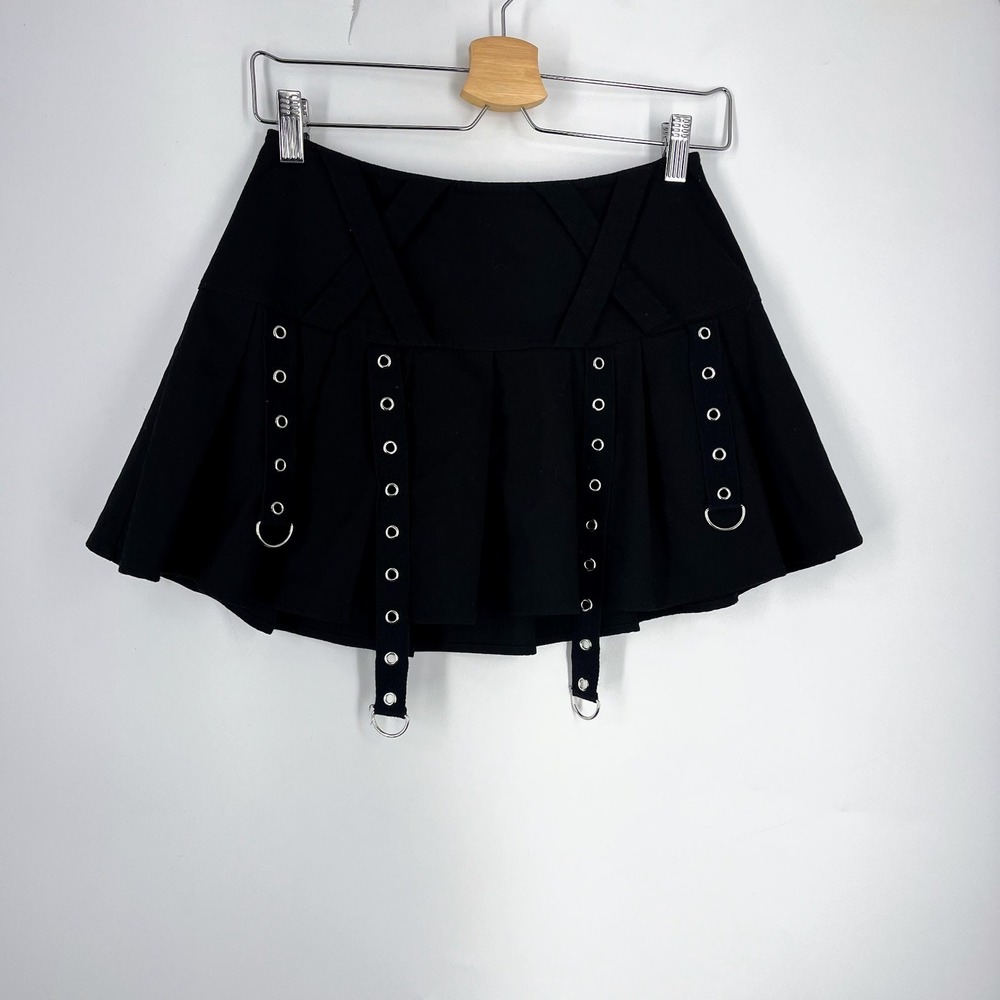 Social Collision Gothic Pleated Mini Skirt Grommet Straps Punk Grunge Alt Skirt
